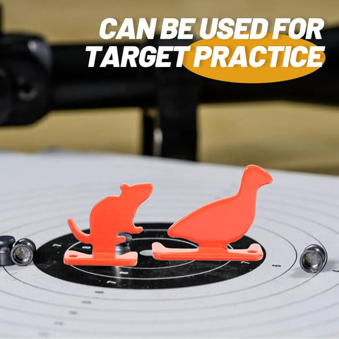 Four Piece Gun Target Set With Animal Silhouette Targets Stainless Steel Neon Orange Powder Coat Ultra Portable For Outdoor Practice High Visibility Training Targets For Range Days And Casual Plinking featuring two animal silhouettes on a target.