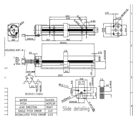 Technical drawing of a precision linear actuator with 15mm travel, two-phase four-wire stepper motor, 90mm long stroke.