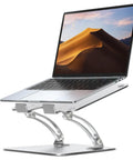 Side view of Ergonomic Adjustable Laptop Stand For Desk With Dual Foldable Riser And Heat Vent System, holding a laptop, ideal for posture correction.