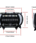 Road Glide LED Headlight Upgrade For Harley Davidson 2015 2016 2017 2018 2019 2020 2021 2022 2023, front and side view dimensions