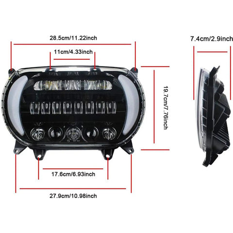 Road Glide LED Headlight Upgrade For Harley Davidson 2015 2016 2017 2018 2019 2020 2021 2022 2023, front and side view dimensions