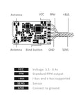 Diagram of AFHDS3 2.4GHz 16 Channel RC Receiver with Dual Antennas PPM I Bus S Bus Output detailing connections and components.