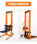 Heavy Duty Electric Pallet Stacker With Adjustable Forks, showcases orange steel structure with adjustable forks for warehouse use.