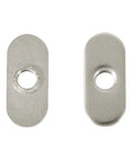 Close-up of two T-Nuts with centered holes for 10 Series T Track Extrusions, carbon steel with nickel plating.