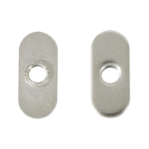 Close-up of two T-Nuts with centered holes for 10 Series T Track Extrusions, carbon steel with nickel plating.