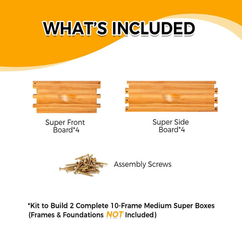 What's included in Two Pack 10 Frame Langstroth Medium Beehive Supers Kit With Beeswax Finish Easy Assembly Cedar Wood Construction