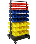 90 Bin Storage Rack With Locking Casters For Garage And Workshop, Double-Sided Tool Organizer, colorful bins, carbon steel frame.