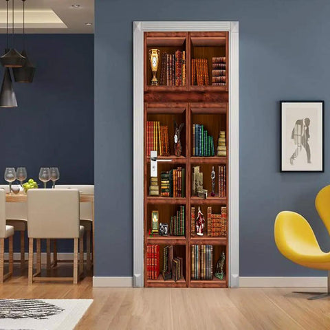 3D Door Mural Wallpaper Stickers Set For Home Decor Self Adhesive And Removable DIY Door Decals Two Piece Large Wall Art Kit For Bedroom Or Living Room Easy Install And Peelable Finish showing bookshelf design on a door.