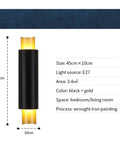 Sleek Black Wall Lamp With E27 Socket For Living Room TV Wall And Entryway Glare Free Indoor Sconce with gold accents and dimensions.