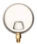 Front view of 4-inch glycerin-filled plumbing pressure gauge, stainless steel case, 1/4in NPT lower mount