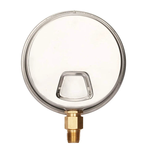 Front view of 4-inch glycerin-filled plumbing pressure gauge, stainless steel case, 1/4in NPT lower mount
