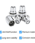 Anti-Theft Wheel Lock Lug Nut Set M12 x 1.5 Chrome Cone Seat 4-Piece With 1 Key showing features of stability and corrosion resistance.