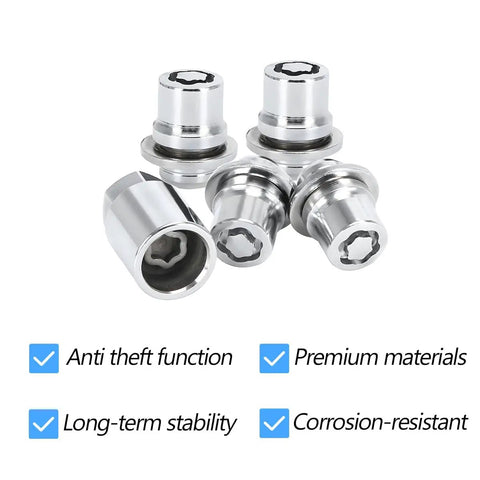 Anti-Theft Wheel Lock Lug Nut Set M12 x 1.5 Chrome Cone Seat 4-Piece With 1 Key showing features of stability and corrosion resistance.