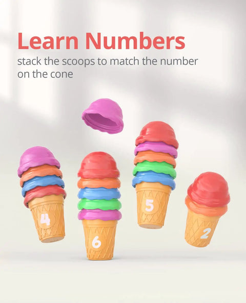 Colorful Ice Cream Preschool Learning Kit for Counting and Color Sorting Kid Friendly cones with numbered scoops.