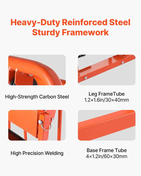 VEVOR material lift winch stacker with orange steel frame and pallet truck base (front view)