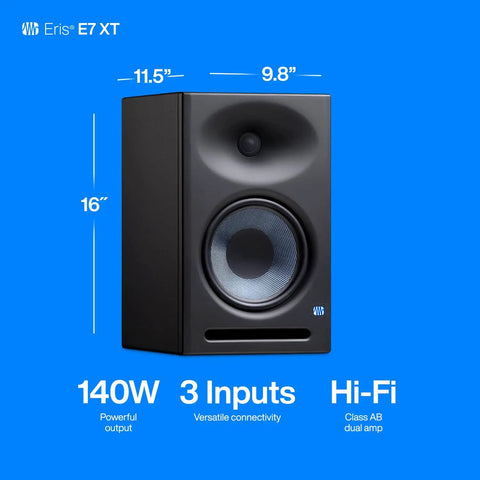 Eris E7 XT 2 Way Active Studio Monitor with EBM Waveguide, 140W output, versatile connectivity shown, optimized for home studio.