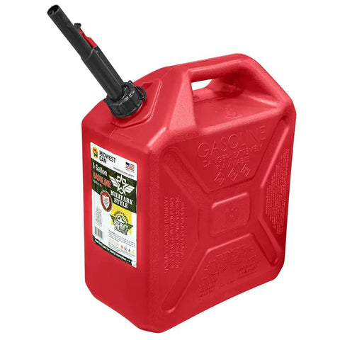 Fuel Can Spout Kit for Midwest Can Gas Diesel and Kerosene Containers Spill Proof Design CARB Approved Fast Flow Automatic Stop Leak Proof Adjustable Height Width and Depth Black attached to red can
