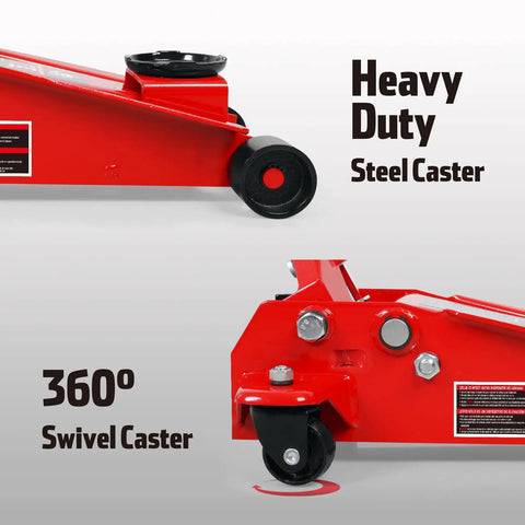 Close-up of heavy-duty steel caster with 360-degree swivel on 3 Ton Floor Jack With Fast Lift Hydraulic Service Jack Made From Heavy Duty Steel