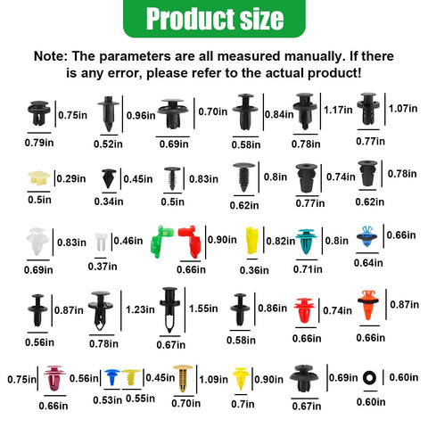 Universal 1240-Piece Car Push Retainer Clips And Fasteners Kit With 32 Sizes showing various clip dimensions and colors