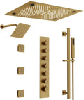 Luxury Ceiling Mount Shower System With Integrated Bluetooth Music Player And Brushed Gold Rainfall Panel, 28x16, includes controls and sprays.