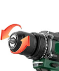 Close-up of the metal ratchet chuck on the Heavy Duty Cordless Brushless Electric Drill With Metal Ratchet Chuck And 16V Wireless Power Tool.