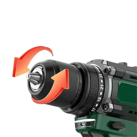 Close-up of the metal ratchet chuck on the Heavy Duty Cordless Brushless Electric Drill With Metal Ratchet Chuck And 16V Wireless Power Tool.