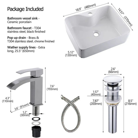 White Rectangle Ceramic Vessel Sink Combo With Stainless Steel Faucet And Chrome Pop Up Drain For Modern Vanity Dope Sleek 19x15 Inch Porcelain Art Basin Premium Glazed Ceramic Bathroom Sink package details