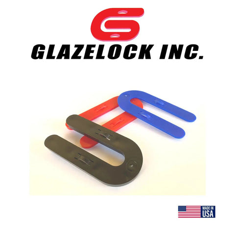 Heavy Duty Interlocking Black Plastic Shims One Thousand Unit Box For Builders And Renovators Aligning Door And Window Openings Without Sticky Tape Or Crazy Glue Using Patent Pending Collapsible Lock System set in black, red, and blue.