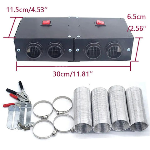 Professional Grade Heavy Duty 12V Car Heater 500W Dash Warmer components with metal housing, ducts, and clips for UTV and pickup cab.