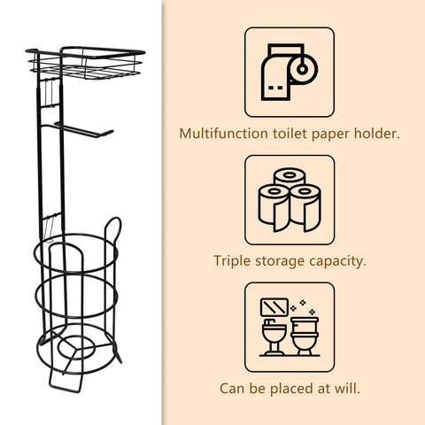 Freestanding Movable Toilet Paper Holder Stand With Raised Base And Top Shelf Holds Three Rolls Plus Phone Or Wipes Space Saver