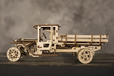 3D Self Propelled Wooden Model Truck UGM 11 Kit For Gearhead Builders And Collectors With Gear Driven Mechanism Realistic Wood Finish About 10 To 12 Hours Assembly Durable Brown Wood Craft Project That Feels Like Vintage Tech., wooden model truck side view, 34x14x13 cm