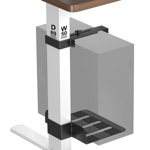 Under Desk PC Mount With Slick No Nonsense Clamp For Standing Workspaces that secures your CPU Rack or Computer Tower zero drilling needed while handling fifty pounds on eighty by fifty millimeter legs, mounted under desk.