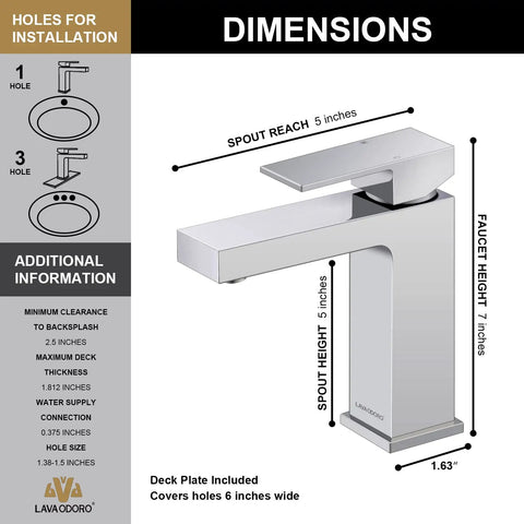 Polished Chrome Single Hole Bathroom Faucet dimensions with pop up drain, solid brass construction, deck plate included diagram