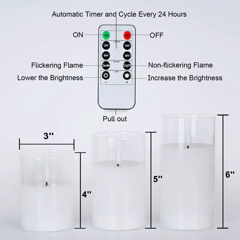 Clear Glass Flameless Candles Set with Timer and Remote, white LED pillar candles 3", 4", 5", remote control shown above
