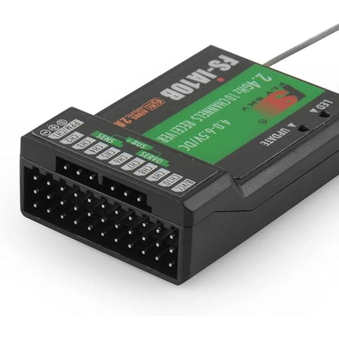 Beefed-Up 10 Channel 2.4GHz RC Receiver With iBus PPM Dual Antenna AFHDS2 shown with black connectors and labels
