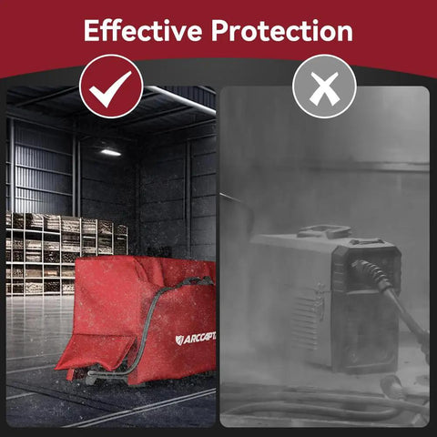 Image of Waterproof Welder Cover protecting a welding machine compared to an unprotected one. Effective protection demonstration.