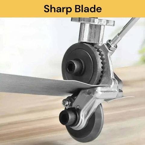 Electric Drill Plate Cutter Nibbler Attachment cutting metal sheet showing sharp blade for smooth cuts on iron, steel, copper, aluminum.