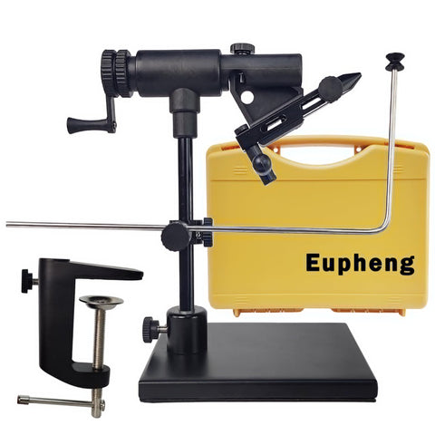 Forcegrip Fly Tying Vise Kit With Pedestal Base And C Clamp, 10 To 1 Power Jaw, Dual Ball Bearings, rotary action, yellow case