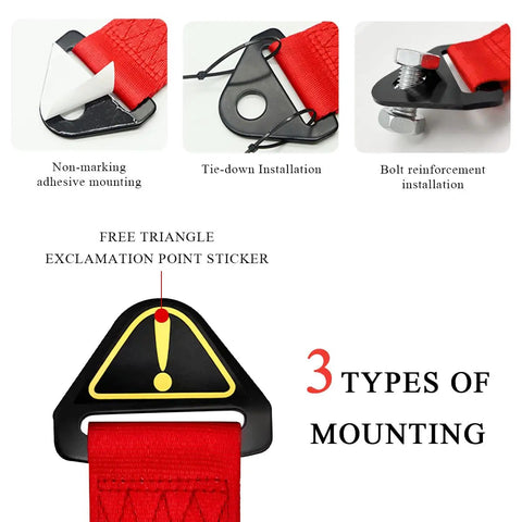 Badass JDM Tow Strap Rock Solid Recovery Rope Slick Red Auto Racing Traction Line mounting options with installation details.
