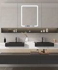 Slick Wall Mounted Double Sink Bathroom Vanity With Led Smart Defogger Mirror And Floating Shelf For Toiletries Modern White Black Finish 56 Inch with sleek design and storage.