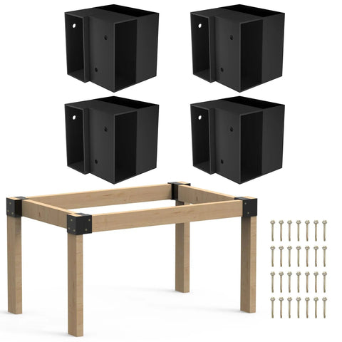 Heavy Duty 3 Way Workbench Corner Bracket Kit For Garage Legs Fits 2x4 Wood Actual One Point Five By Three Point Five Inches Durable Metal DIY Kit For Shelving And Work Tables Rust Resistant 8 Pcs Set shown with wooden frame, brackets, and screws