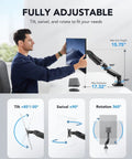 Person adjusting ergonomic single monitor arm for 13-32 inch screens up to 19.8 lbs with clamp or grommet base, fully adjustable.
