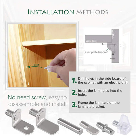Installation guide showing Heavy Duty Nickel Plated Shelf Pegs And Cabinet Support Pins for quick home fixes in a cabinet.