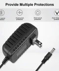 5V 2A Power Supply Charger With 8 Interchangeable Tips For TV Boxes, LED Strips, Tablets, Cameras, Webcams, Speakers, Routers And More; 6 Foot Cable, Worldwide 100 240V AC Adapter, 10W Output. black AC adapter with plug and barrel tip, shown with protection icons