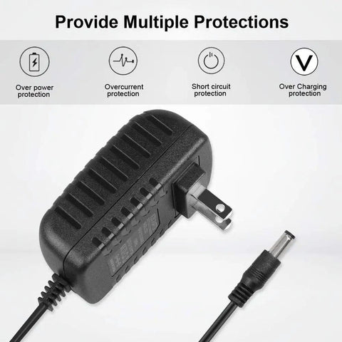 5V 2A Power Supply Charger With 8 Interchangeable Tips For TV Boxes, LED Strips, Tablets, Cameras, Webcams, Speakers, Routers And More; 6 Foot Cable, Worldwide 100 240V AC Adapter, 10W Output. black AC adapter with plug and barrel tip, shown with protection icons