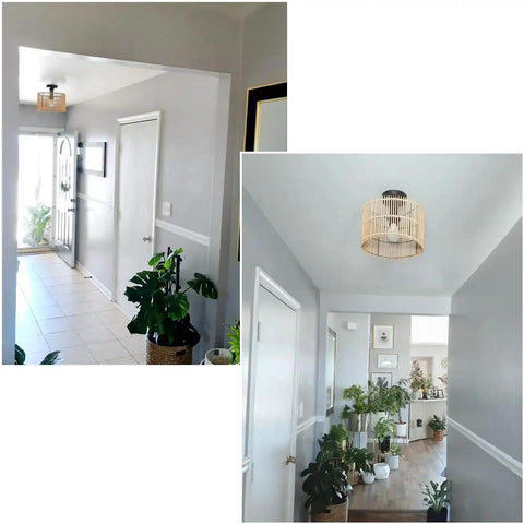 Boho Hand Woven Rattan 1 Light Semi Flush Mount Ceiling Light For Hallways Entryways And Bedrooms showcased in a modern entryway