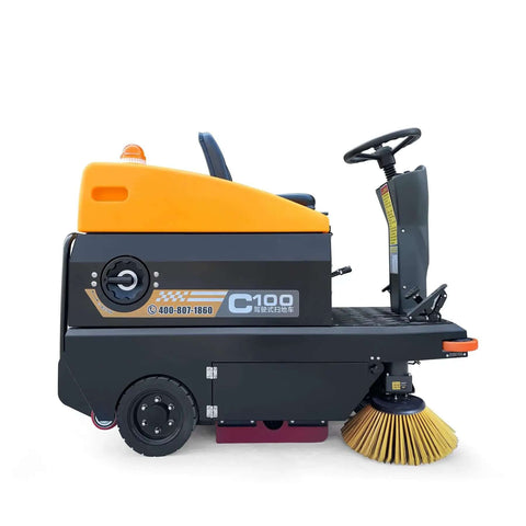 Side view of Ride On Industrial Floor Sweeper With 24 Gallon Dustbin And 65000 Sqft Per Hour Cleaning Power, Heavy Duty Shop Floor Cleaner