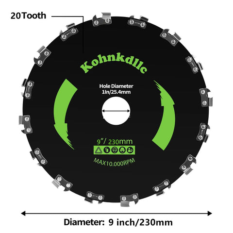 Heavy Duty 9 Inch 20T Carbon Steel Chainsaw Brush Cutter Blade Kit with labeled dimensions and specifications