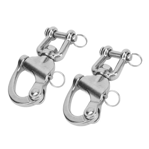 Top Shelf 316 Stainless Steel Snap Shackles With Swivel Rotating Eye And No Hassle Quick Release Design For Heavy Duty Sailboat Rigging Yacht Halyards And Rugged Industrial Deck Hardware 128 Mm, shown in a pair.