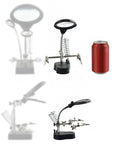 Desktop LED Magnifying Glass Soldering Station With 2.5X 7.5X 10X Lenses, Hands Free Helping Hands Clips, beside a soda can for scale.